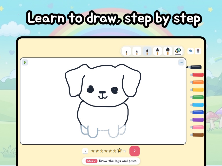 Drawing a dog step by step on iPad — the legs appear as a dotted guide to trace