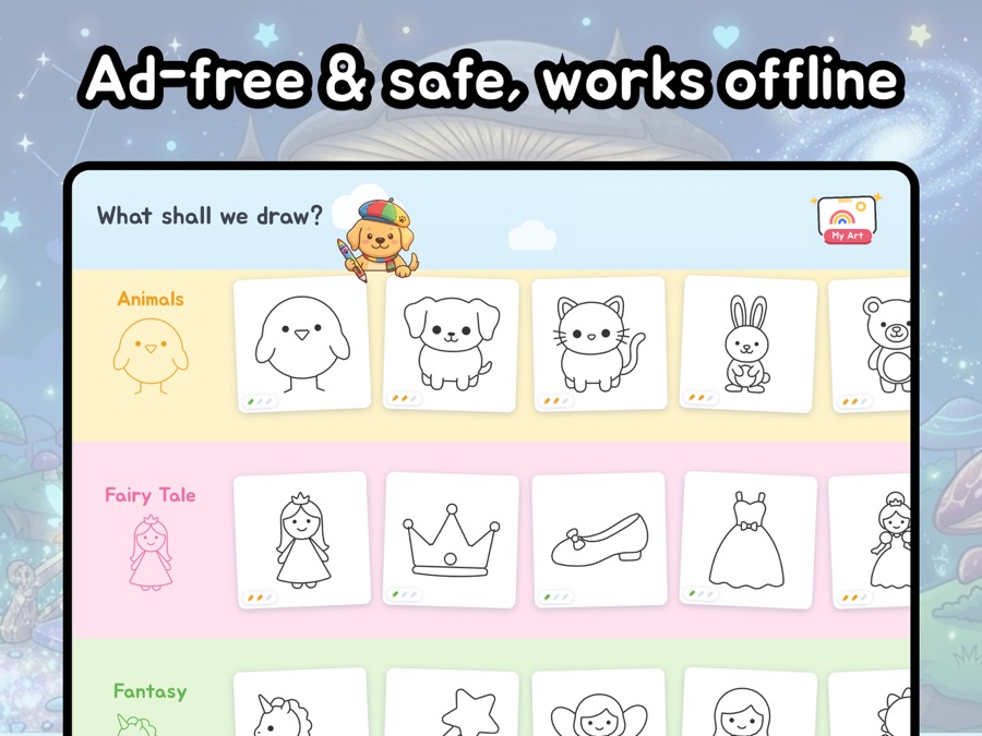 Home screen on iPad with drawing categories — Animals, Fairy Tale, Fantasy
