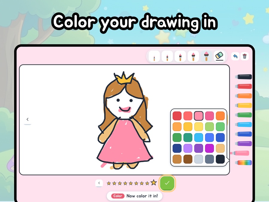 Coloring in a finished princess drawing on iPad with the paint palette open
