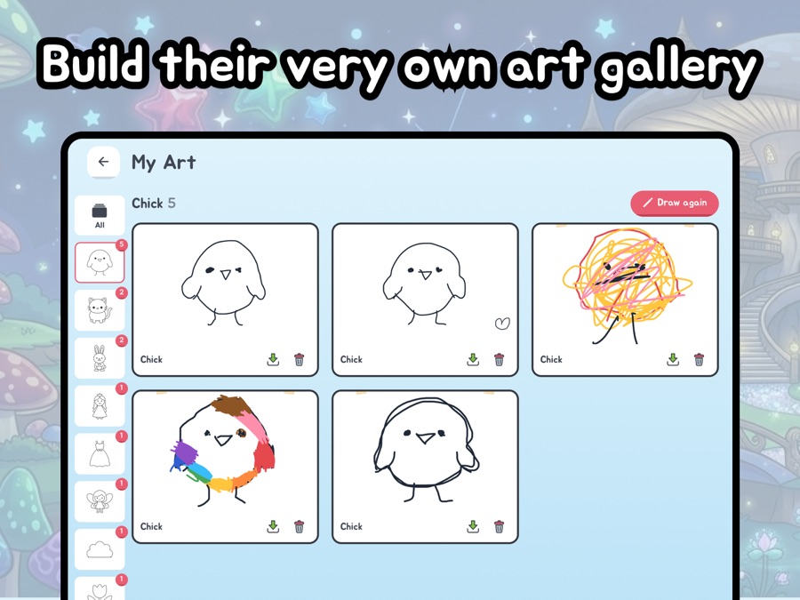 A child's art gallery on iPad with finished crown, cat, chick and princess drawings