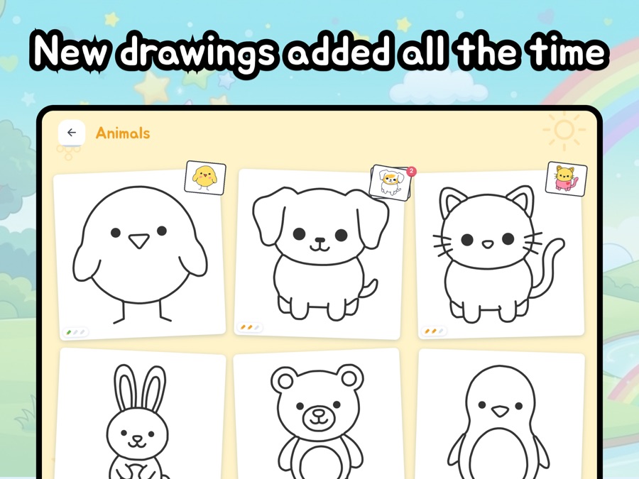 Animals category on iPad with chick, dog, cat, rabbit, bear and penguin drawings
